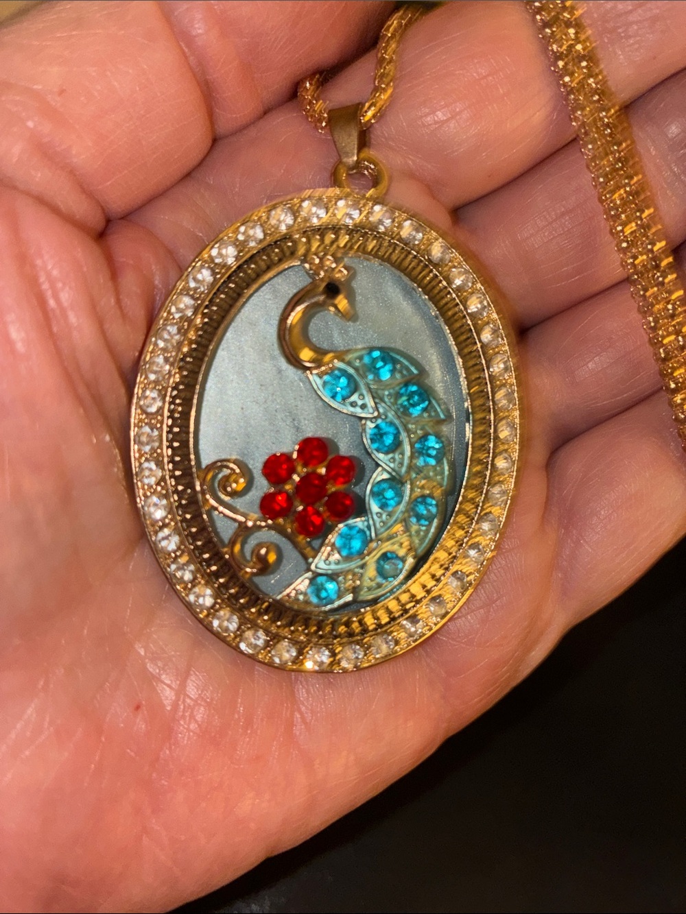 Peacock Pendant with Blue, Clear and Red Crystals. Gold Tones on This Pendant